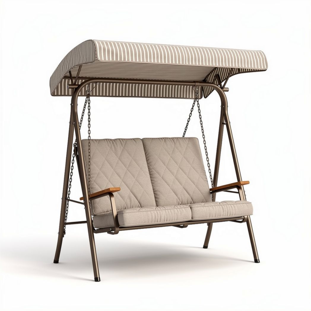 Balançoire double en acier avec coussins beiges et auvent rayé 180 x 120 x 150cm