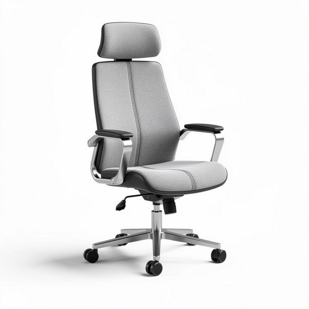 Fauteuil de bureau réglable en tissu gris avec accoudoirs et support lombaire