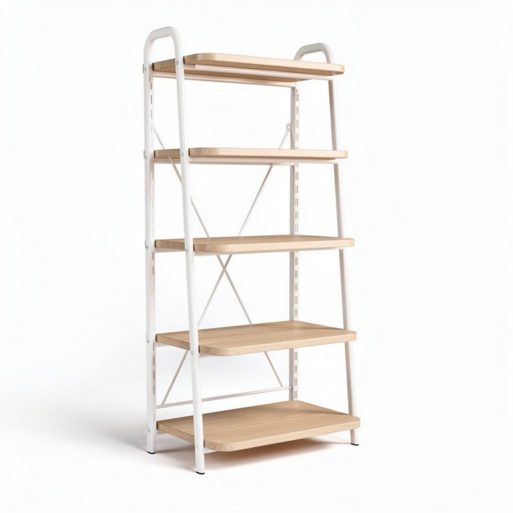 Étagère en bois de couleur naturelle avec structure en métal blanc dimensions 180 x 70 x 30cm