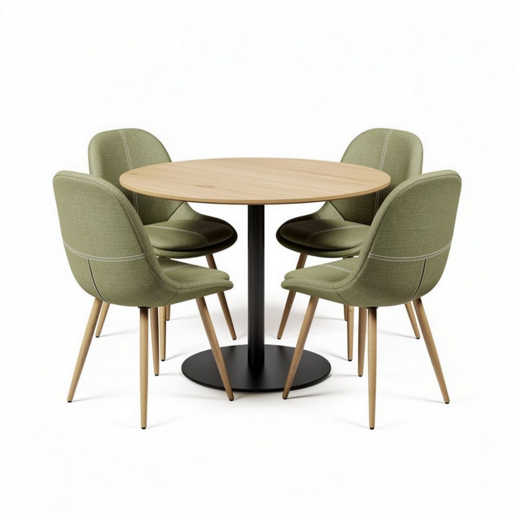 Table ronde en bois avec pieds en métal et chaises en tissu vert 100 x 100 x 75 cm