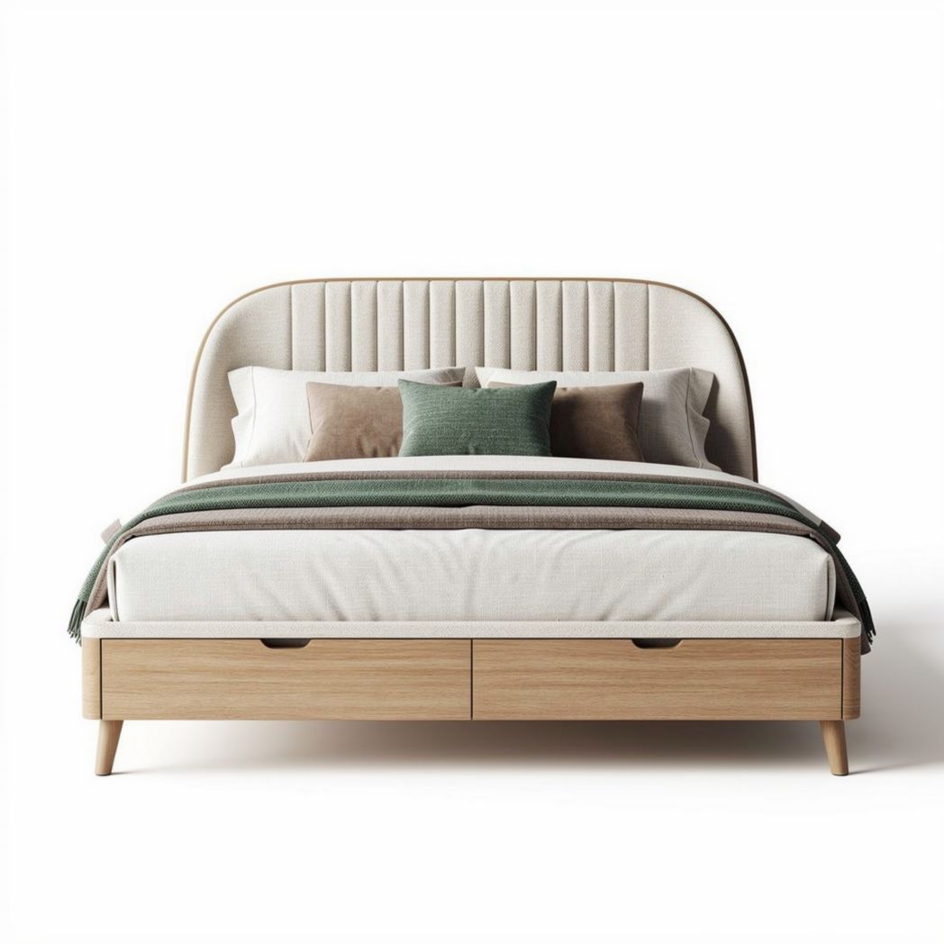 Lit en bois avec tête de lit rembourrée et deux tiroirs de rangement 200 x 160 x 100cm