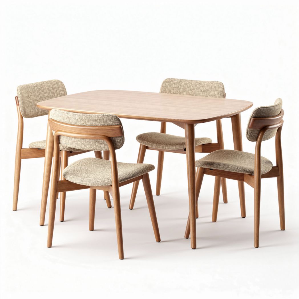 Table rectangulaire en bois avec quatre chaises en tissu beige dimensions 150 x 90 x 75cm