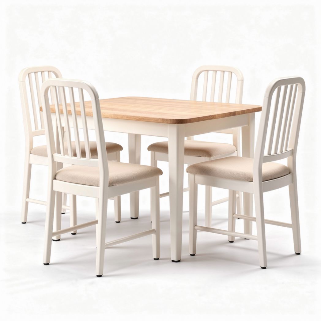 Table à manger rectangulaire en bois et chaises rembourrées en tissu beige 120 x 80 x 75cm